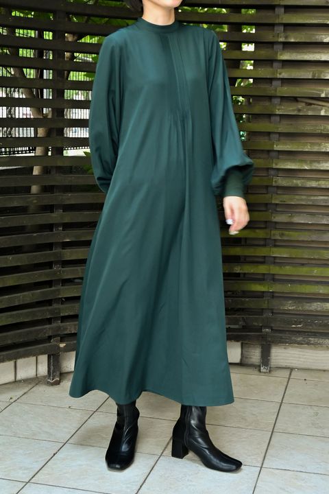 無地ギャザーワンピース グリーン