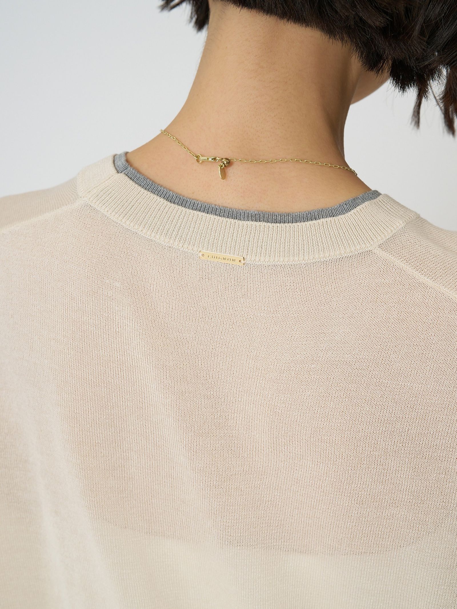 [9261-087GS] 衿配色ハーフスリーブニット ベージュ