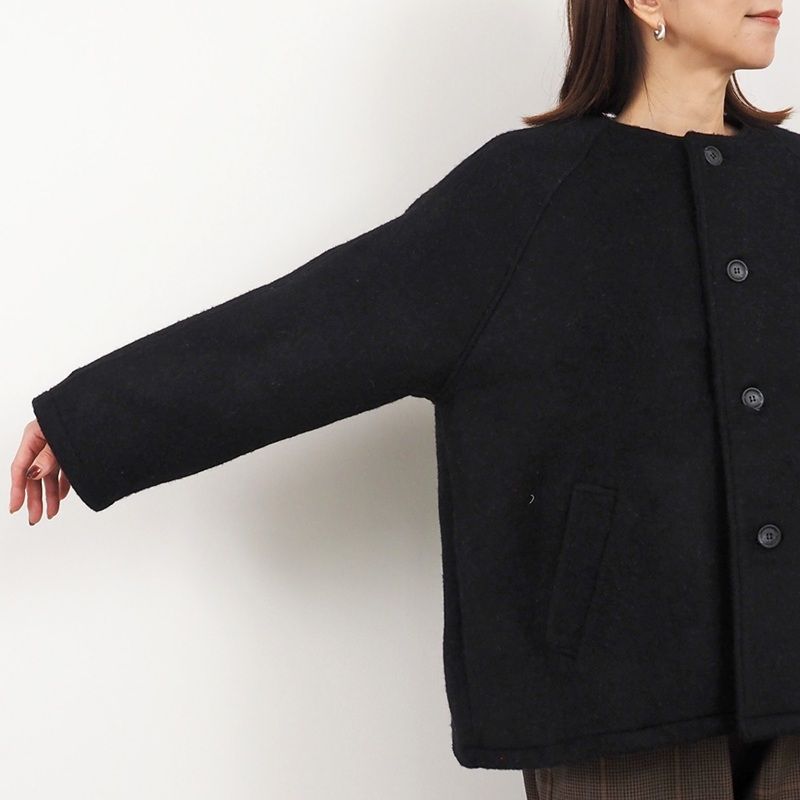 ダブルフェイスメルトンラグランコート ブラックxグレー