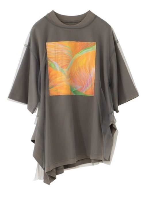 2WAYリーフフォトプリントレイヤードTシャツ チャコールグレー