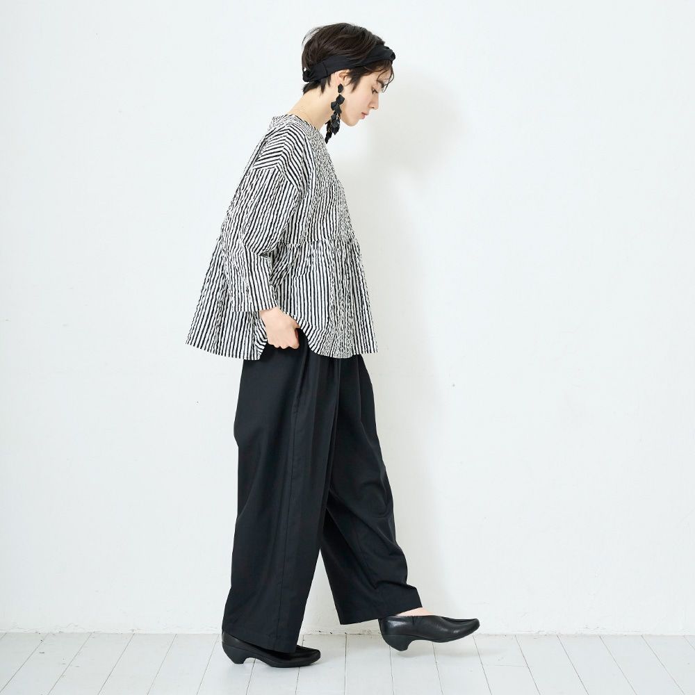 ローンリップル ストライプ ファッスンシャツ ブラックxオフ