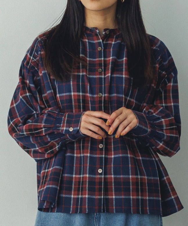 ネルチェックギャザーシャツ レッド系