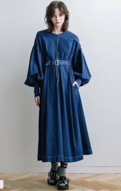 ボリュームスリーブデニムワンピース ブルー