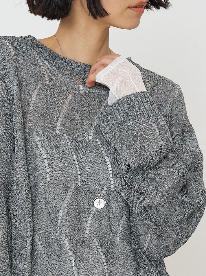 [9561-092GS] ペーパータッチスカシ柄ニット アイボリー