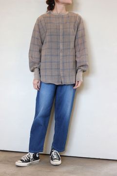 ウールガーゼチェックミルドシャツ 杢ベージュxブルー