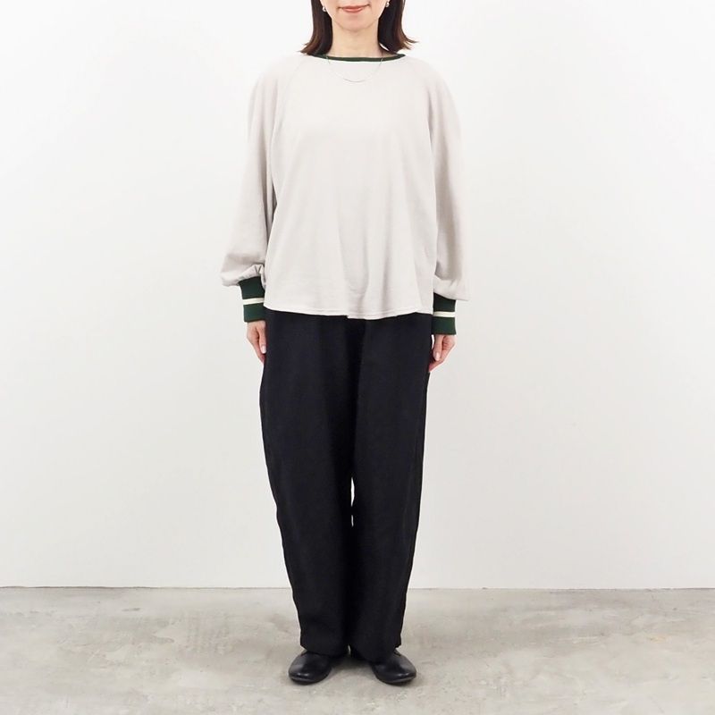 ガーゼ裏毛 バイカラーリブハウストレーナー ベージュxグリーンxアイボリー