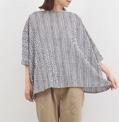 ローンリップルストライプ ゆったりブラウス ブラックxオフ