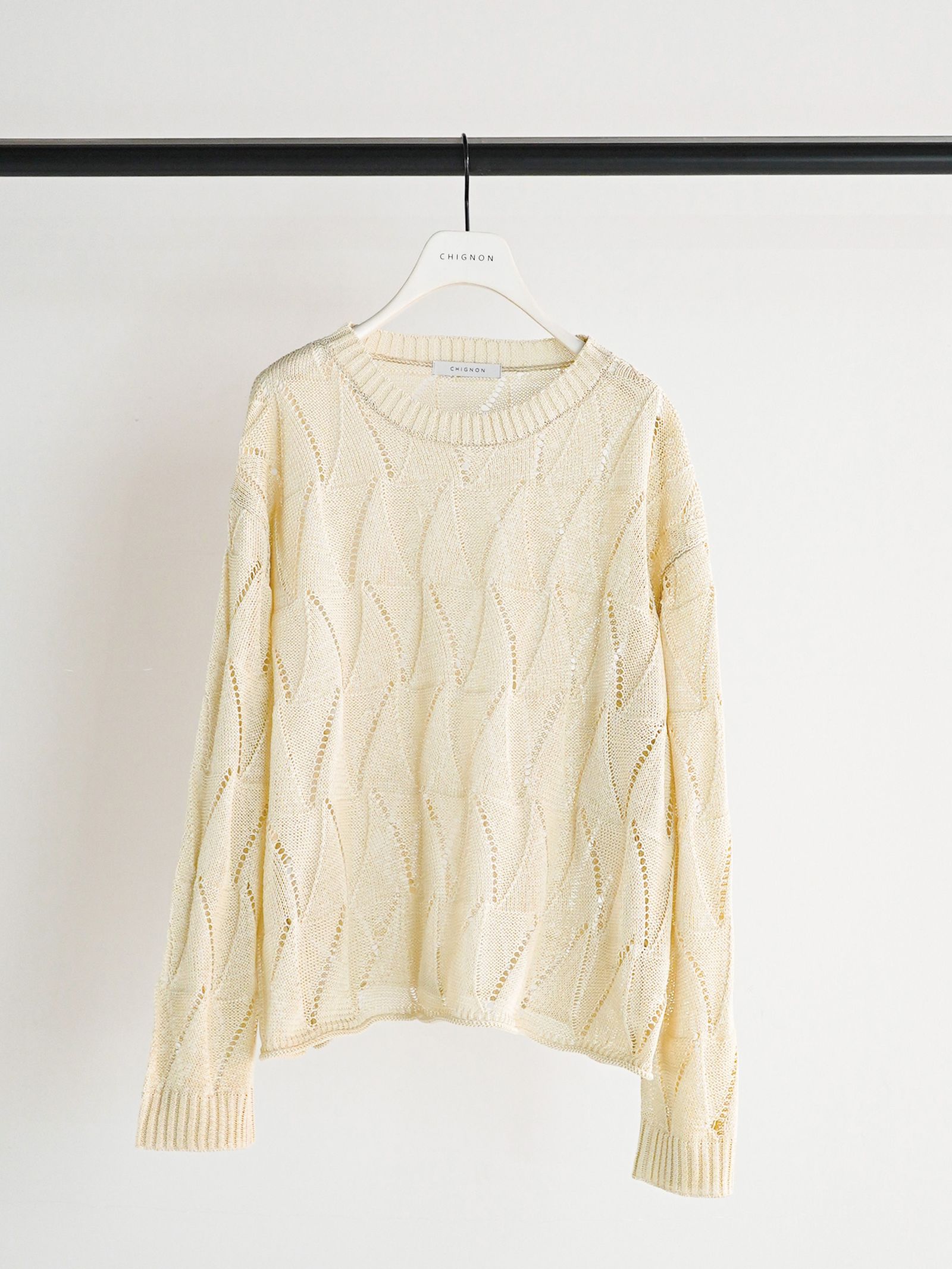 [9561-092GS] ペーパータッチスカシ柄ニット アイボリー