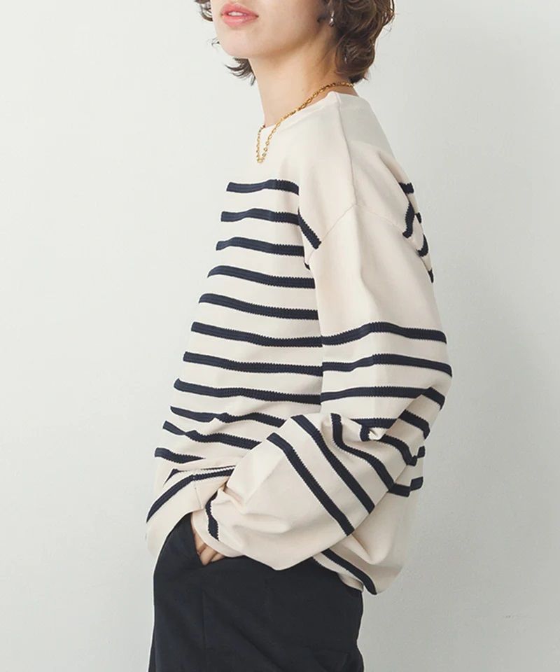スポンディッシュ柄編みボーダーニット アイボリー