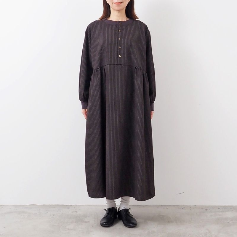 トロストライプ ロングスリーブ ベルワンピース ブラウン