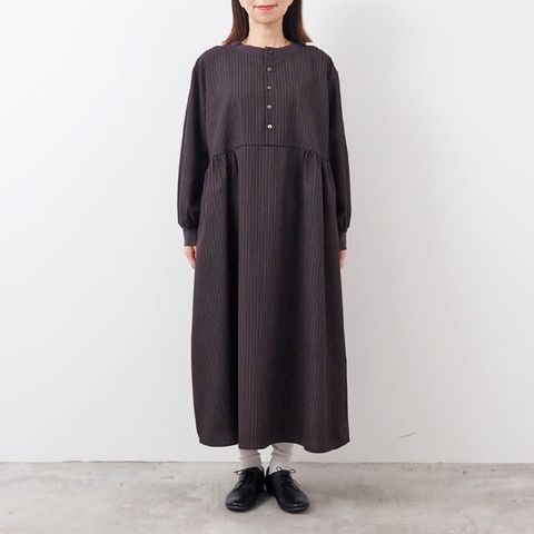 トロストライプ ロングスリーブ ベルワンピース ブラウン