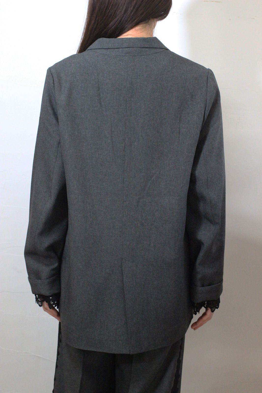 ストレッチ 杢ポリエステル袖レースダブルジャケット ミックスグレー