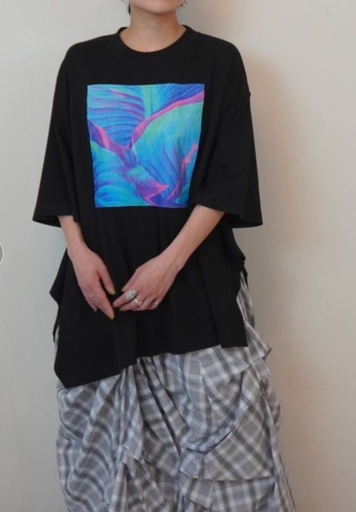 2WAYリーフフォトプリントレイヤードTシャツ ブラック