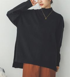 やわもちヤーン袖配色オーバータートルニット ブラック
