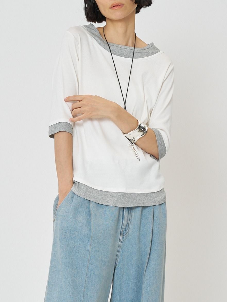 [8261-108KK] 配色テレコハーフスリーブPO ブラウン