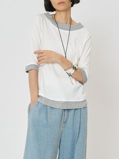 [8261-108KK] 配色テレコハーフスリーブPO オフホワイト