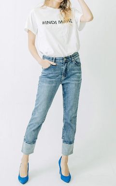 折り返し風デザインボーイフレンドデニム ブリーチWJ007