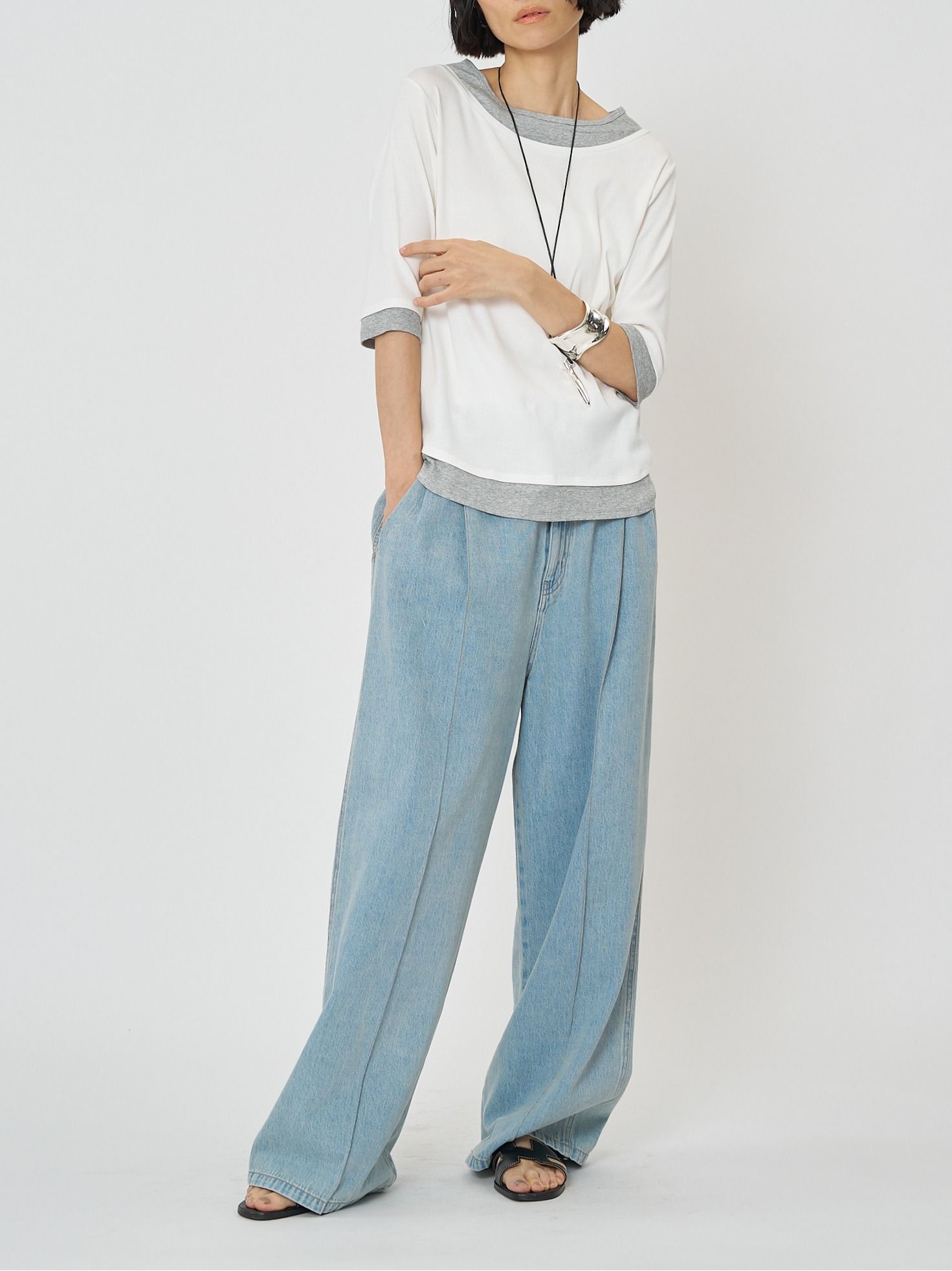 [8261-108KK] 配色テレコハーフスリーブPO ブラウン