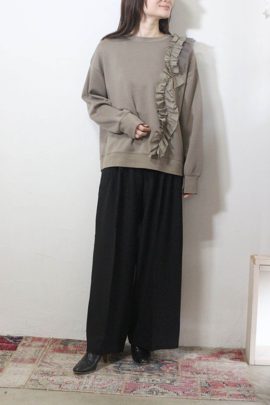 ストレッチ 杢ポリエステル サイドレースパンツ ブラック