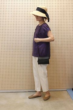 ギャザーフレンチスリーブTシャツ ブラウンxブルーパープル