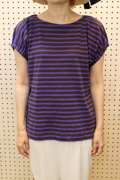 ギャザーフレンチスリーブTシャツ ブラウンxブルーパープル