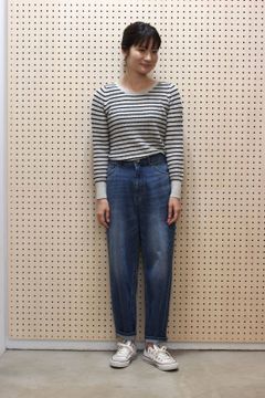 コットンワッフルニットプルオーバー ベージュボーダー