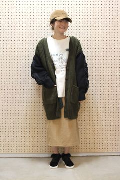 異素材ニットコート カーキ