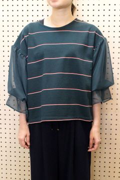 袖チュールボーダーニットPO グリーン