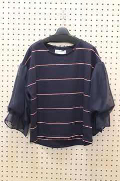 袖チュールボーダーニットPO ネイビー