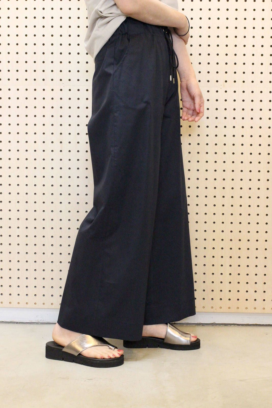 綿麻ツイルストレッチワイドパンツ ネイビー