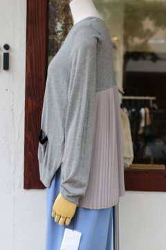 バックシフォンプリーツラウンドネックカーディガン グレー