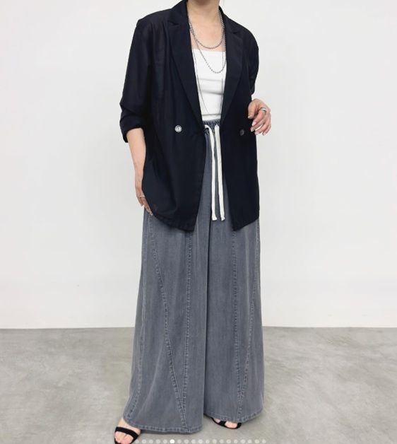 テンセルストレッチデニムワイドパンツ グレー