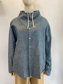 スタンドアウェーカラーコットンシャツ ブルー