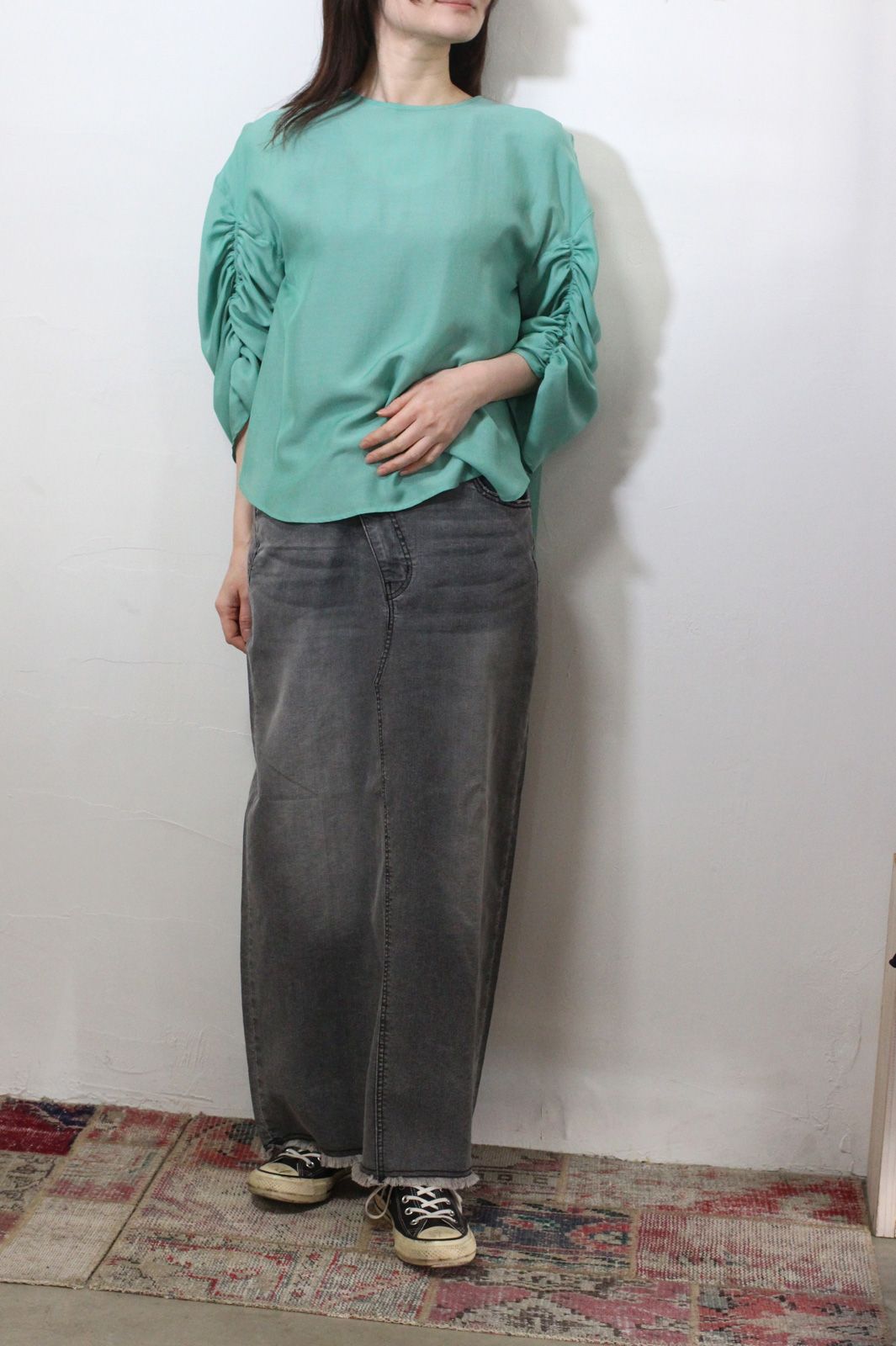 エアードレープ シフォンシャーリングスリーブブラウス ライトグリーン