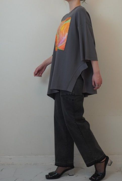 2WAYリーフフォトプリントレイヤードTシャツ チャコールグレー