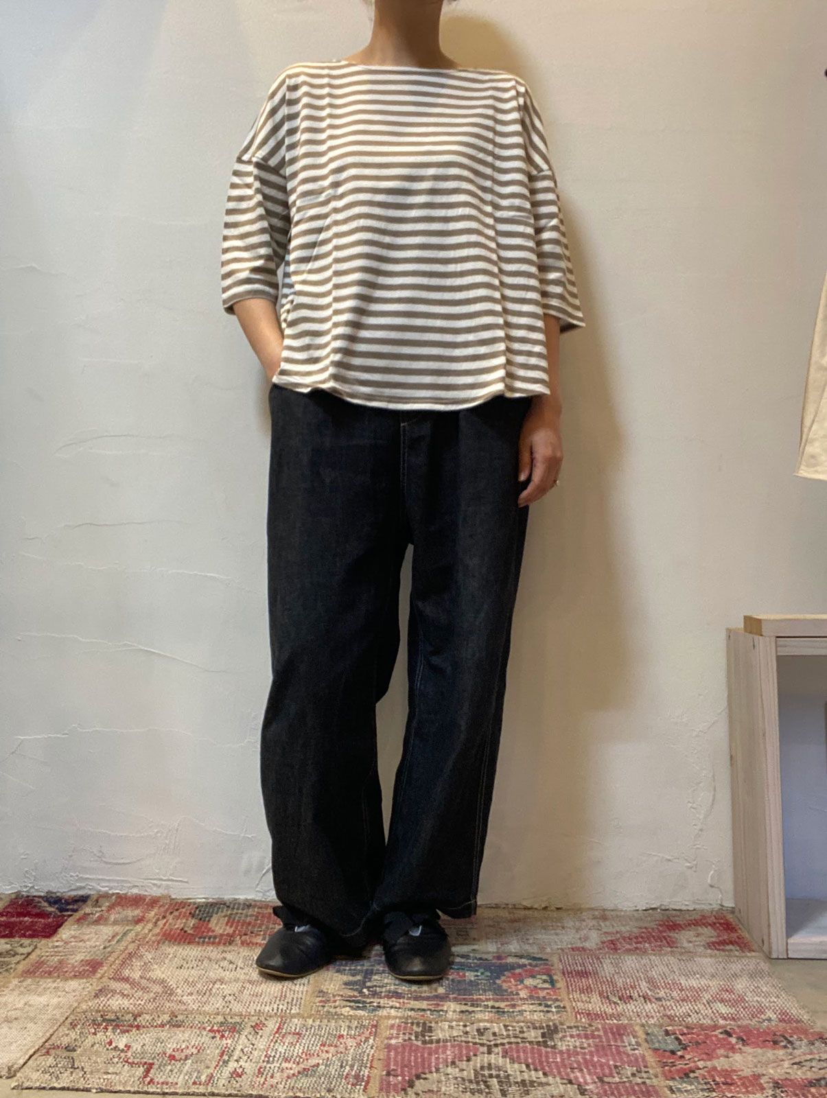 天竺BDミナミラウンドシャツ オフ×グレー