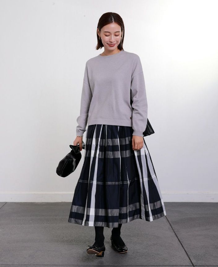 神戸・山の手スカート モノトーンチェックネイビー ミモレ