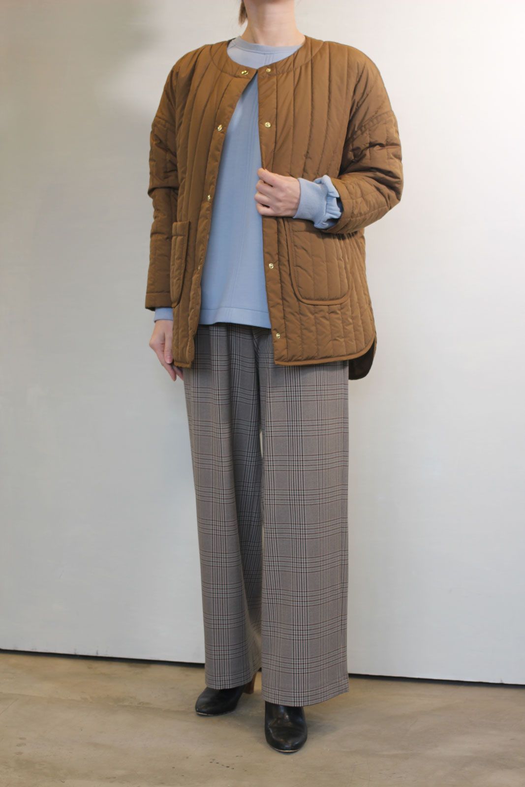 ソフトサーモ混チェック裏起毛ワイドパンツ グリーンチェック