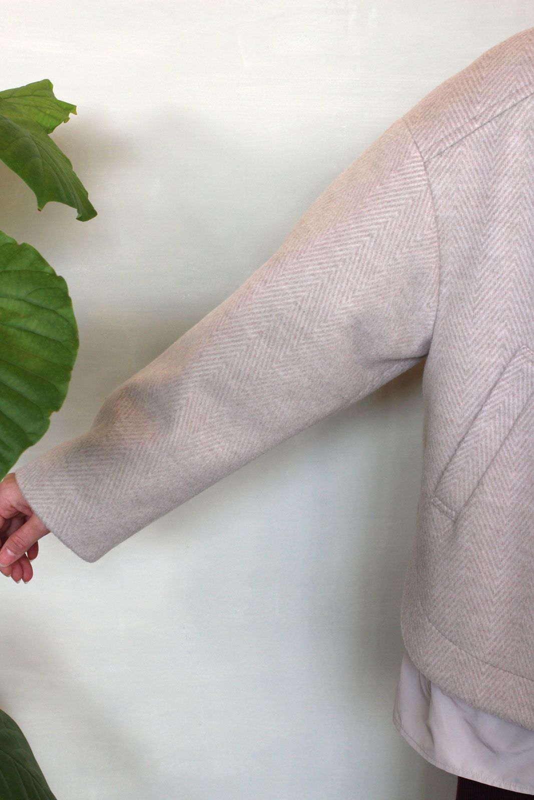 WOOLLETヘリンボン3WAY丸首ショートコート ライトベージュ