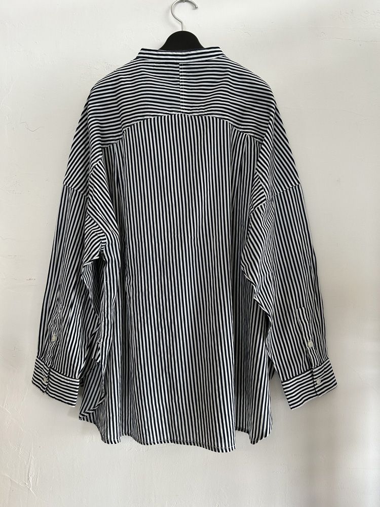 キャンブリックボイル ストライプ バンドカラーシャツ ブルー