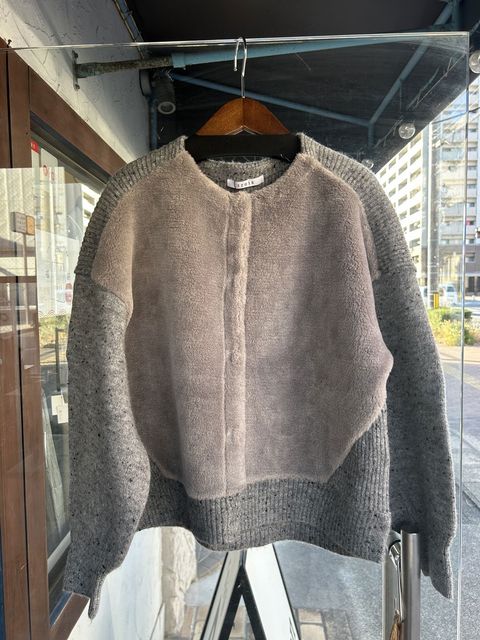 MIXニットxボア切替カーディガン グレーミックス