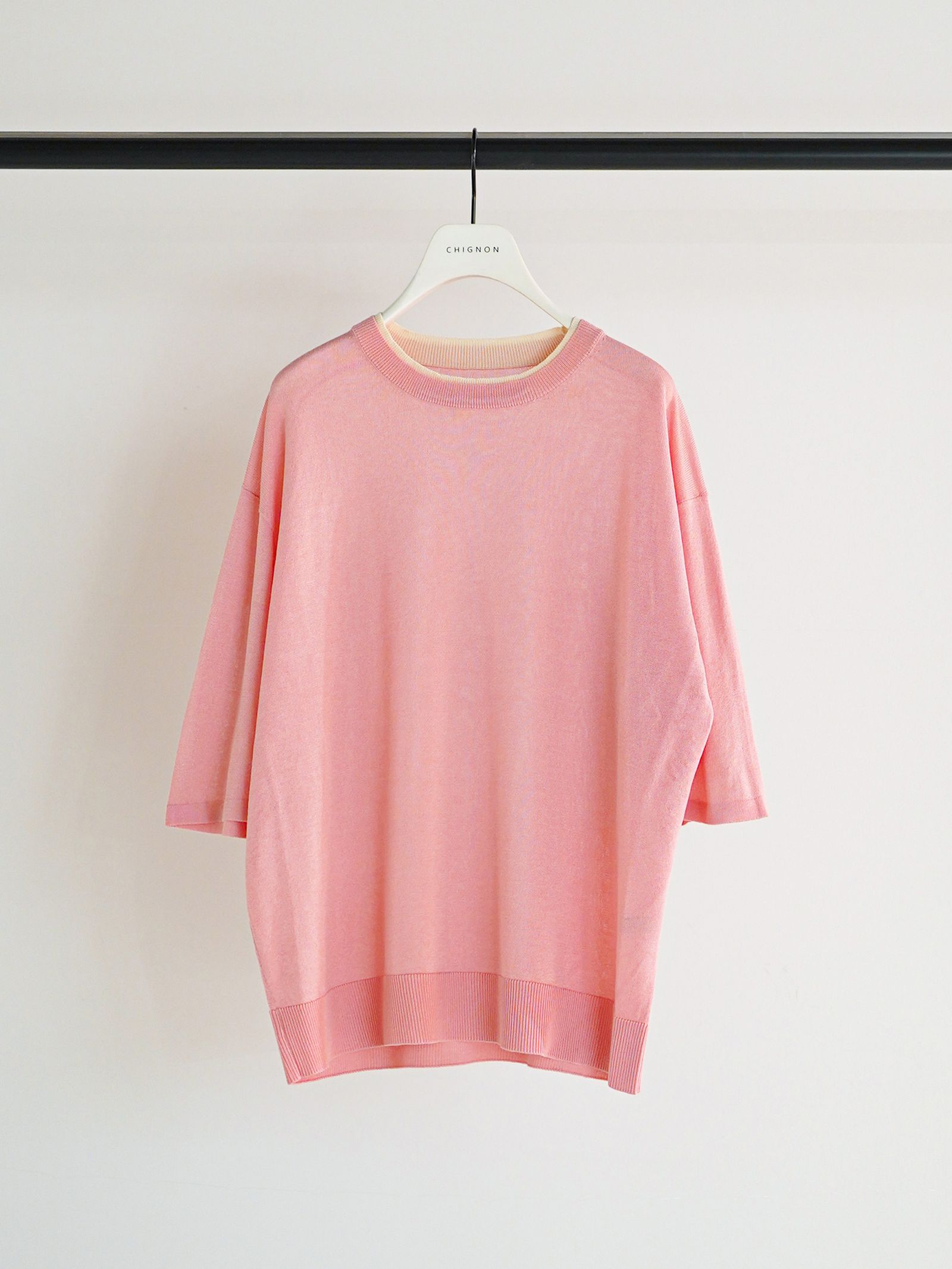 [9261-087GS] 衿配色ハーフスリーブニット ピンク