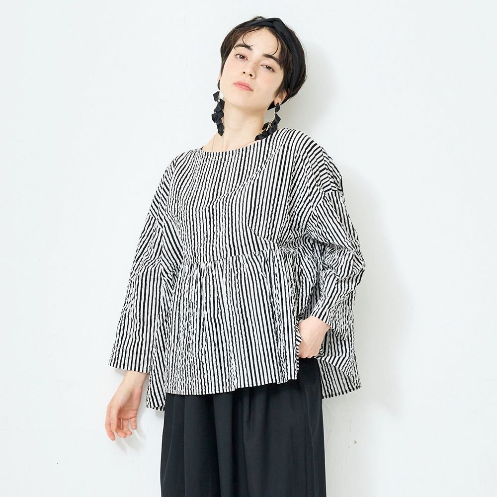 ローンリップル ストライプ ファッスンシャツ ブラックxオフ