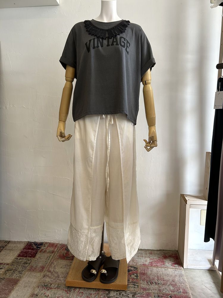 裾刺繍ラップパンツ ブラック