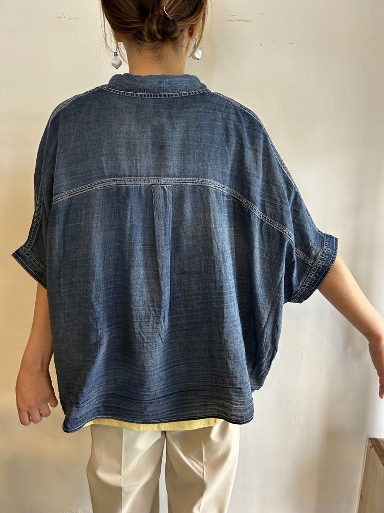 シアーデニムショートスリーブシャツ ライトインディゴブルー