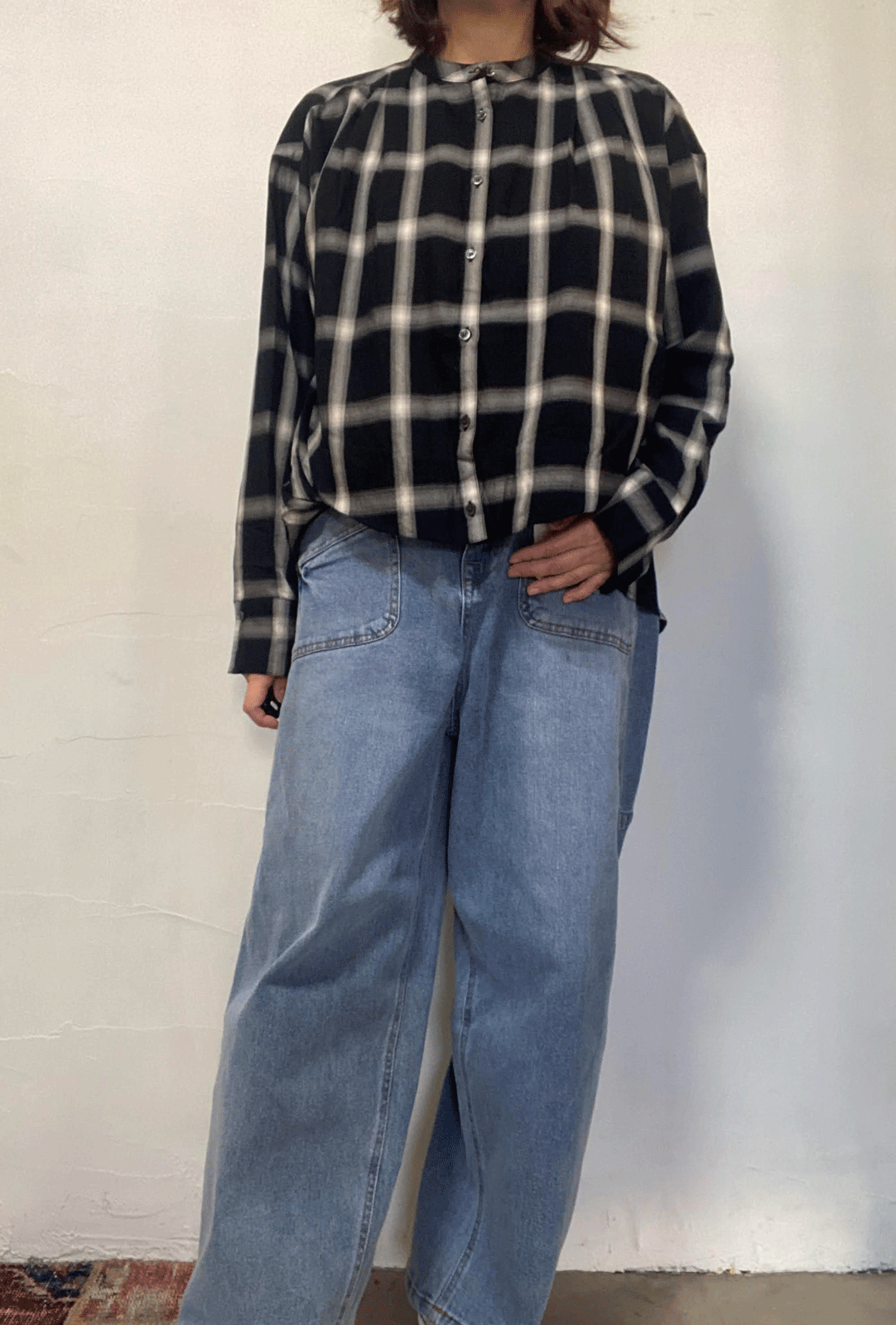 先染め チェックフロントインシャツ ブラック