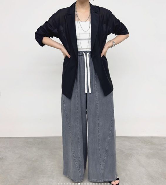 テンセルストレッチデニムワイドパンツ グレー
