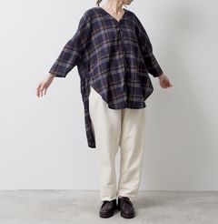 20綿麻起毛チェックオーバースリットシャツ ネイビーxオレンジxアイボリー