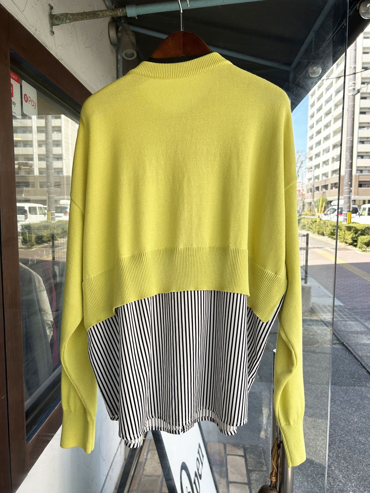 綿レーヨンシルク コンビネーションカーディガン イエローグリーンxブラックストライプ