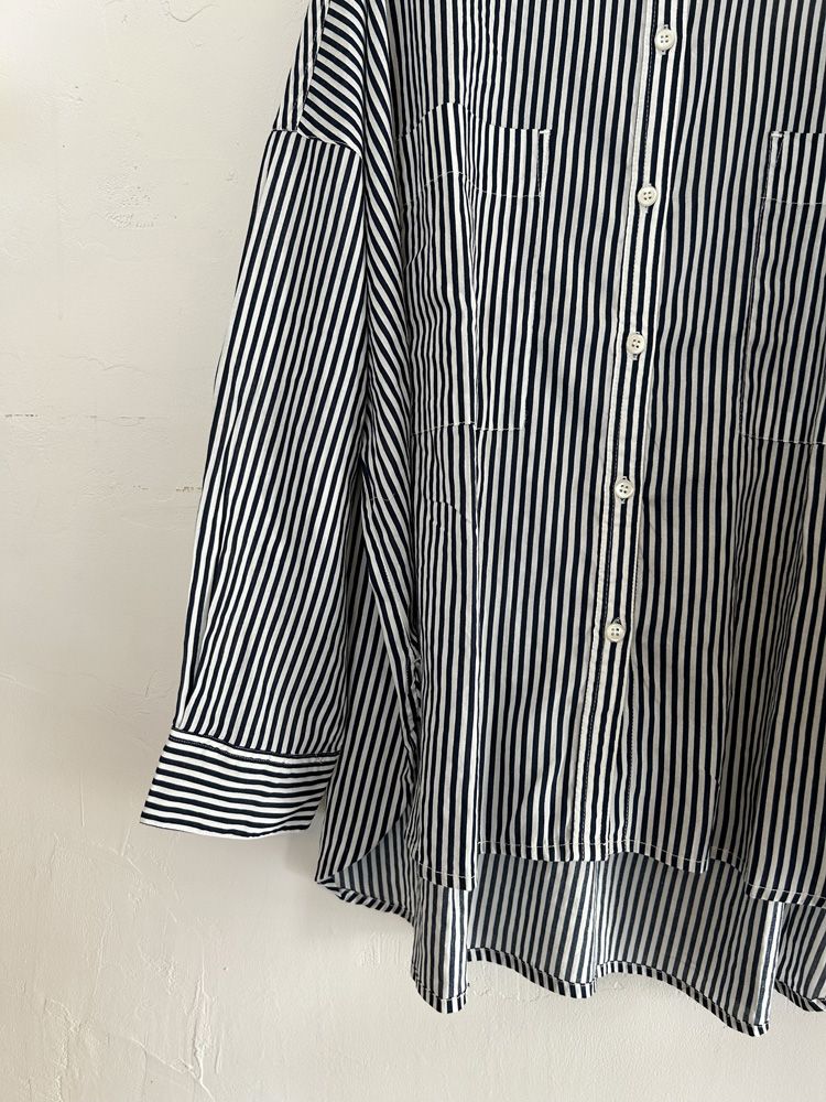 キャンブリックボイル ストライプ バンドカラーシャツ ブルー